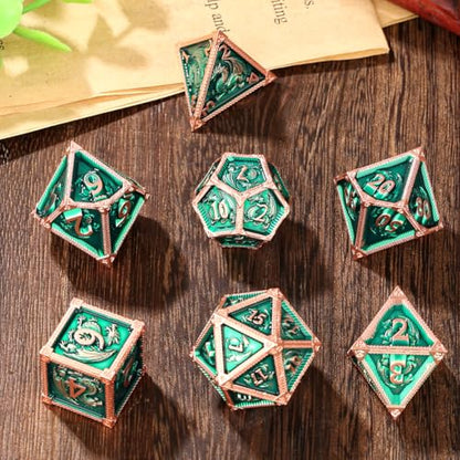 Metal Dice Set, Fly Dragon Pattern, 7pcs Polyhedral Metal DND Dice Set, DND Starter Set, D&D Gifts with Gift Box, Role Playing Board Games Accessories, Green ﻿ - color: Green