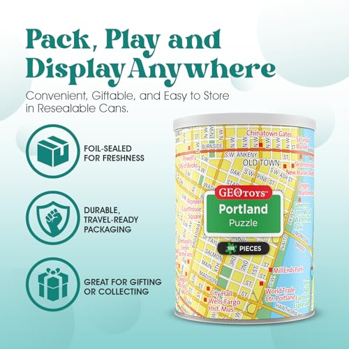 Geotoys Portland Mini City Puzzle - 100 Piece Puzzles for Kids and Adults in Portable Can, 13" x 10" Educational Travel Puzzle for Ages 7 and Up - Mini Puzzles to Learn & Explore Geography - style: Portland