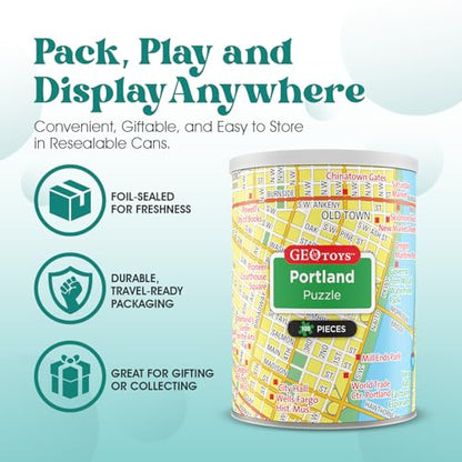 Geotoys Portland Mini City Puzzle - 100 Piece Puzzles for Kids and Adults in Portable Can, 13" x 10" Educational Travel Puzzle for Ages 7 and Up - Mini Puzzles to Learn & Explore Geography - style: Portland
