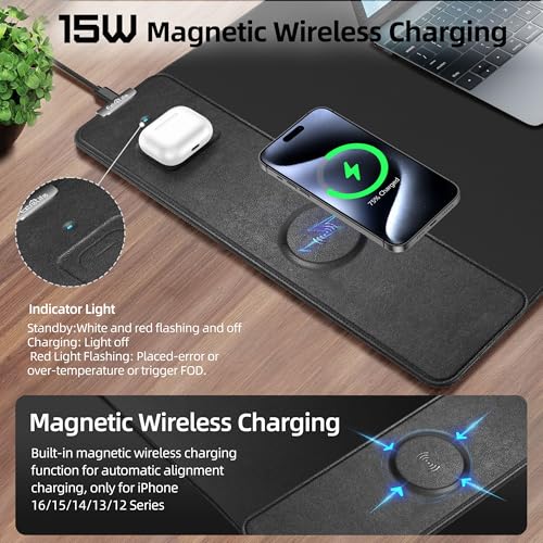 Mouse Pad with 15W Magnetic Wireless Charging, 35.4"x15.7" in | Large XXL Gaming Desk Mat, Ultra-Smooth Surface, Non-Slip Rubber Base, Waterproof Computer Keyboard Pad, Black - color: Black - 35.4"x15.7"