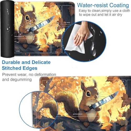 for MTG/TCG Playmat with Zones, 24 x 14 inches Trading Card Playmat with A Storage Bag and 6 Dice, Non-Lip Rubber Bottom Game Desk Mat, Squirrel with Knife - color: Yux-playmats-2-3A-258