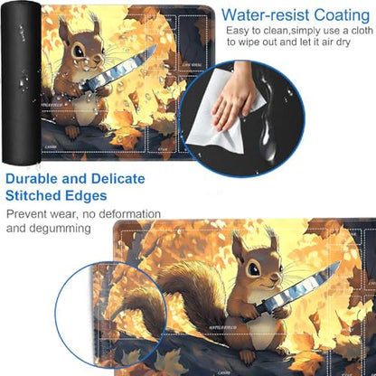 for MTG/TCG Playmat with Zones, 24 x 14 inches Trading Card Playmat with A Storage Bag and 6 Dice, Non-Lip Rubber Bottom Game Desk Mat, Squirrel with Knife - color: Yux-playmats-2-3A-258