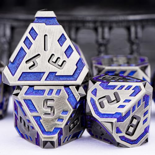 Metal DND Sci-fi Dice Set 7PCS Stripe Polyhedral Dice for Dungeons Dragons RPG Role Playing Game, Glitter D and D Dice with Gift Box D6 D8 D10 D12 D20 (Blue Purple&Grey) - color: Silver Gray - Blue