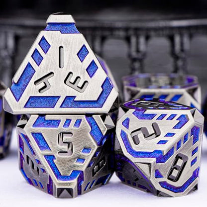 Metal DND Sci-fi Dice Set 7PCS Stripe Polyhedral Dice for Dungeons Dragons RPG Role Playing Game, Glitter D and D Dice with Gift Box D6 D8 D10 D12 D20 (Blue Purple&Grey) - color: Silver Gray - Blue