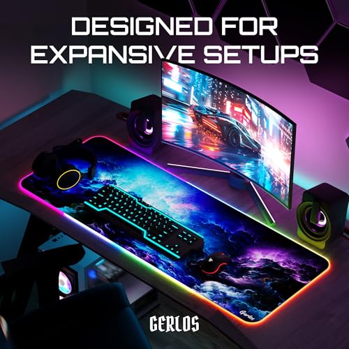 Gerlos RGB Gaming Mouse Pad, Large LED Desk Mat, 31.5 x 11.8 Inch | 12 light modes, non-slip base, water-resistant surface, stitched edges - color: Blue