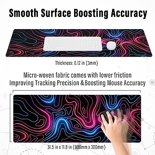 Ovenbird Gaming Mouse Pad with Stitched Edges, Topographic Map Pink Extended XL Mousepad with Anti-Slip Base, Cool Neon Large Mouse Pad for Desk, 31.5 x 11.8 in, Pink and Blue - color: Neon Topo, size: Extended