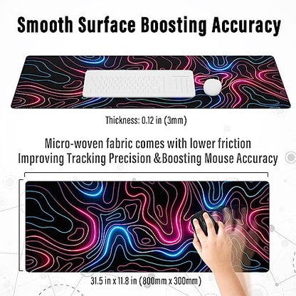 Ovenbird Gaming Mouse Pad with Stitched Edges, Topographic Map Pink Extended XL Mousepad with Anti-Slip Base, Cool Neon Large Mouse Pad for Desk, 31.5 x 11.8 in, Pink and Blue - color: Neon Topo, size: Extended