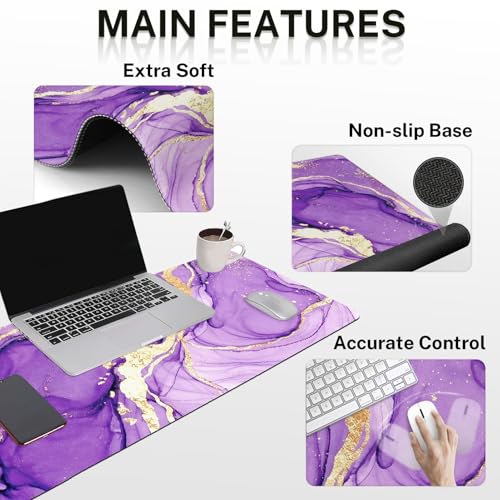 Arttown Purple Gold Marble Desk Mat Abstract Marble Mouse Pad Set 4 in 1 Ergonomic Design Large Mousepad + Keyboard Wrist Rest + Mouse Wrist Rest + Coaster Suitable for Home Office Study Game - color: Purple Gold Marble