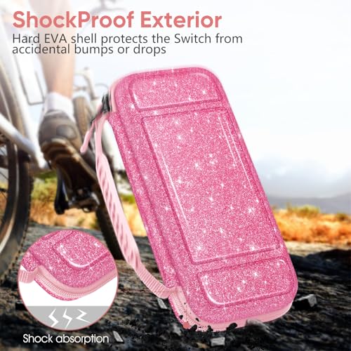 FINTIE Carrying Case for Nintendo Switch OLED Model 2021/Switch 2017, [Shockproof] Hard Shell Protective Cover Travel Bag with 10 Game Card Slots & Inner Pocket - color: glittering pink