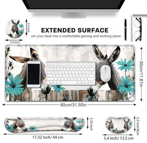 Large Gaming Mouse Pad+ Keyboard Wrist Rest Set, Ergonomics Memory Foam Mouse Mat Wrist Rest Support for Home Office, Waterproof Extended Mousepad 31.5x11.8in, Cute Donkey Desk Pad - color: Yvb-mousepad-9-f-160