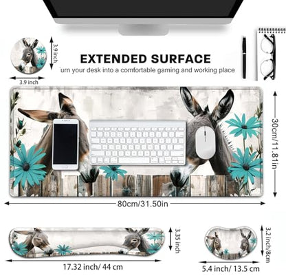 Large Gaming Mouse Pad+ Keyboard Wrist Rest Set, Ergonomics Memory Foam Mouse Mat Wrist Rest Support for Home Office, Waterproof Extended Mousepad 31.5x11.8in, Cute Donkey Desk Pad - color: Yvb-mousepad-9-f-160