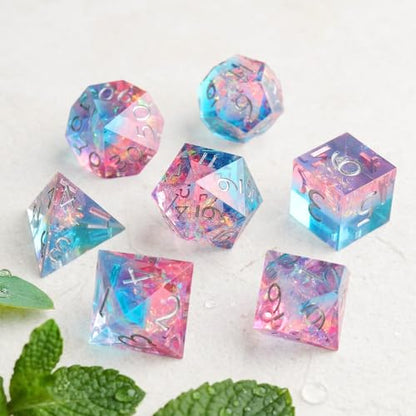 Haxtec Sparkling Sharp Edge Dice Set - Handmade Resin DND Dice with Iridescent Mylar Inclusion, Light Purple and Blue Color Mix-Enchanted Stardust - color: Light Blue Pink
