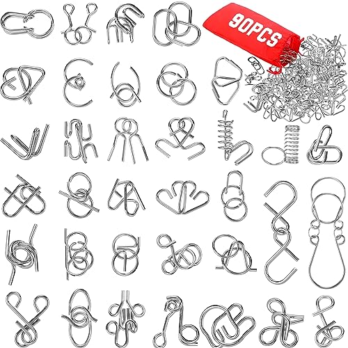 Set of 90 Metal Brain Teaser Puzzles with Pouch, Steel Puzzle Games Physics Mind Metal Wire Puzzles for Adults Basket Stocking Stuffers for Teen Boys Girls Kids Desk Trinkets Challenge Gift
