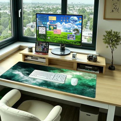 Baziabbo Green Desk Mat,XXL Extended Big Mouse Pad,Gaming Mousepad with Stitched Edge,Non-Slip Rubber Base Keyboard Desk Pad for Home Office Study Game (Haze Green) - color: Haze Green