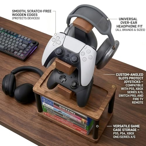 Solid Wood Headphone Stand & Controller Holder with Video Game Storage Base | 4-in-1 Gaming Equipment Accessories for Xbox one/PS5/PS4 Controller - Save Desk Space for Gamer Room and Decor Gift for Men