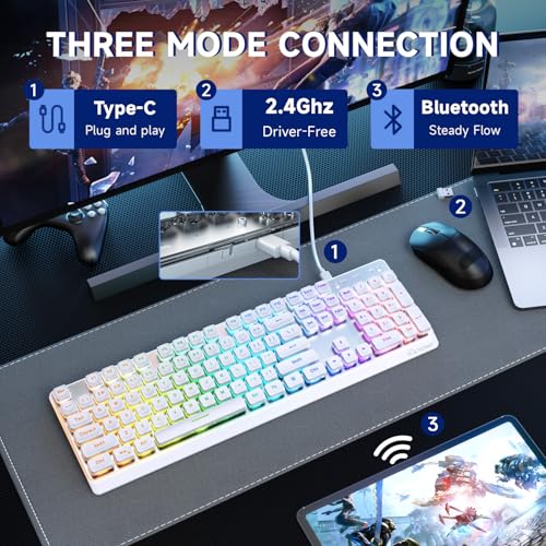 Free wolf M104 Wireless Gaming Keyboard with Numeric Keypad Tri-Mode(2.4Ghz/Wired/Bluetooth) Membrane Full Size Mechanical Feel Metal Panel RGB 4000MAH Rechargeable Quiet for PC/MAC/Win Gamer-White - color: White