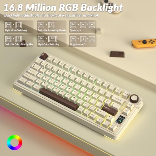 AULA S75 PRO Wireless Mechanical Keyboard with Screen&Knob, 75% Hot Swappable Gaming Keyboard with Pre-lubed Switches, RGB Backlit, PBT Keycaps, Creamy Sounding Computer Keyboards - color: Mocha