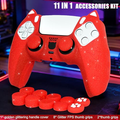 Red Cat Glitter Anti-Slip Protective Silicone Cover Skin Grips Compatible with PS5/Slim/Pro Controller,8 PCS Thumb Grips Caps and 2 Paw Grips Caps. (Cat Red) - color: Cat Red