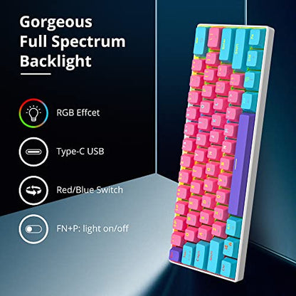Fogruaden 60% Mechanical Keyboard, 61 Keys Gaming Keyboard, RGB Backlit, Ultra-Compact 60 Percent Wired Keyboard for Win/Mac PC Gamer, Easy to Carry on Trip (Pink, Red Switch) - color: Pink/ Red switch