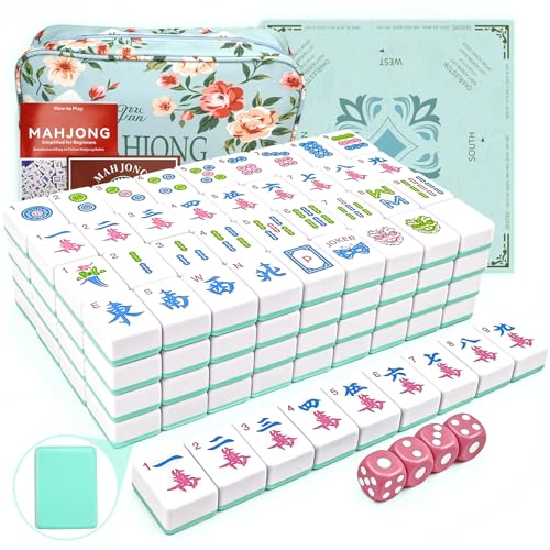 American Mahjong Tile Set, 166 Tiles (1.2”), Cute Mini Tiles-Sky-Blue Glaze | Mahjong Tile Set with Carrying Bag, Dice, Mat, Portable Travel Complete Game Set for Home Outdoor Enthusiast Gift - color: Sky-blue Glaze