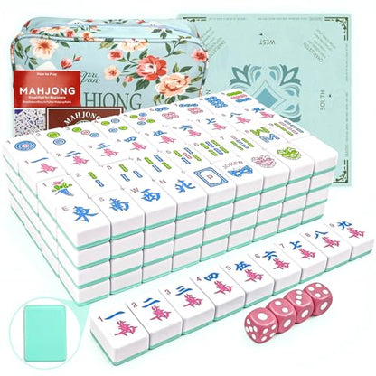 American Mahjong Tile Set, 166 Tiles (1.2”), Cute Mini Tiles-Sky-Blue Glaze | Mahjong Tile Set with Carrying Bag, Dice, Mat, Portable Travel Complete Game Set for Home Outdoor Enthusiast Gift - color: Sky-blue Glaze