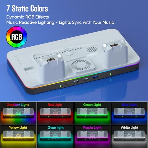 2026 Upgraded PS5/PS5 Pro/Slim Cooling Stand/Station with RGB Light,Dual Controller Fast Charger,with High-Speed Turbo Fan,3USB,for Gaming Room,Living Room,Gift for Christmas & Birthday