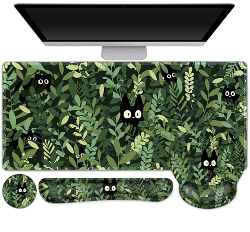 Large Desk Mat, Cute Anime Cats Gaming Mouse Pad, Desk Pad Protector, XXL Mousepad + Keyboard Wrist Rest+Mouse Wrist Rest+Coaster Set with Ergonomic Desk Pad for Home Office PC Computer, Green Leaves - color: Cute Anime Cats