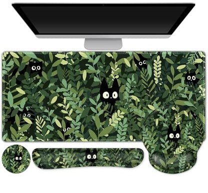 Large Desk Mat, Cute Anime Cats Gaming Mouse Pad, Desk Pad Protector, XXL Mousepad + Keyboard Wrist Rest+Mouse Wrist Rest+Coaster Set with Ergonomic Desk Pad for Home Office PC Computer, Green Leaves - color: Cute Anime Cats