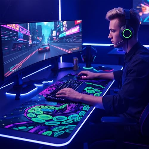 Simpkeely Blacklight Octopus Gaming Mouse Pad – UV Reactive Kraken Tentacles Desk Mat, Neon Glow in the Dark Waterproof Extended Mousepad with Non-Slip Rubber Base for Office & Home – 31.5" x 11.8" - color: Octopus