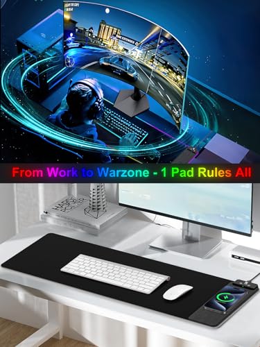 Mouse Pad with Wireless Charging, Large Desk Mat RGB Gaming Mousepad, 10 Light Colors LED Gaming Pad Keyboard Pad with Ultra-Smooth Surface & Non-Slip Rubber Base, Waterproof Full Desk Mouse Pad - color: 31.5x11.81"-Black Right