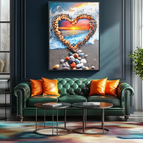 MINIWAN 1000 Piece Ocean Sunset Heart Stone Beach Jigsaw Puzzle | Adults & Seniors, 27.5"x19.7", Letters on Back, Reference Poster - color: Heart-shaped Sunset