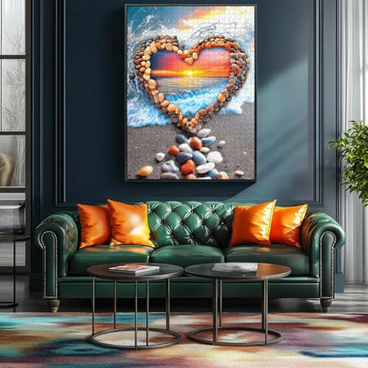MINIWAN 1000 Piece Ocean Sunset Heart Stone Beach Jigsaw Puzzle | Adults & Seniors, 27.5"x19.7", Letters on Back, Reference Poster - color: Heart-shaped Sunset