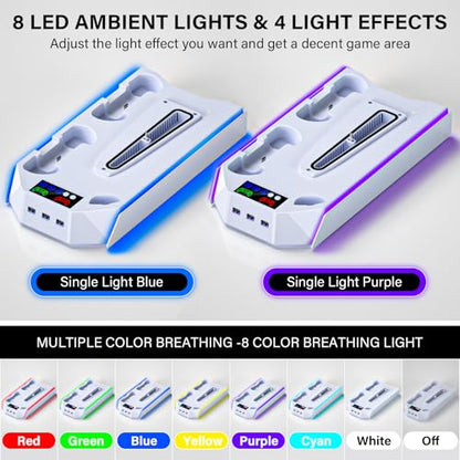 Slim Cooling Station Stand LED with Dual Controller Charging Station for PlayStation 5 Console, PS 5 Accessories Incl. Controller Charger, Cooling Fan, Headset Holder, 3 USB Hub- LED White - color: RGB WHITE