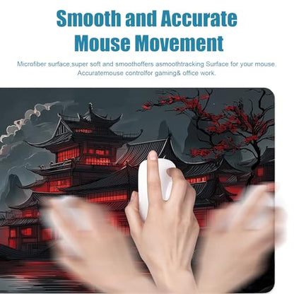 Gaming Mouse Pad, Large Desk Mat, Japanese XL Extended Big Mousepad with Non-Slip Rubber Base Stitched Edges, Laptop Computer Keyboard Mat, Office&Home, 31.5x11.8in - color: Red Moon