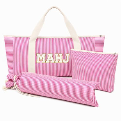 American Pink Mahjong Bag Set, 3 Empty Pcs of Mahjong Rack Storage Bags with Pink Stripes, Mahjong Tile Bag for Women Mahjong Lover or Man Party Supplies