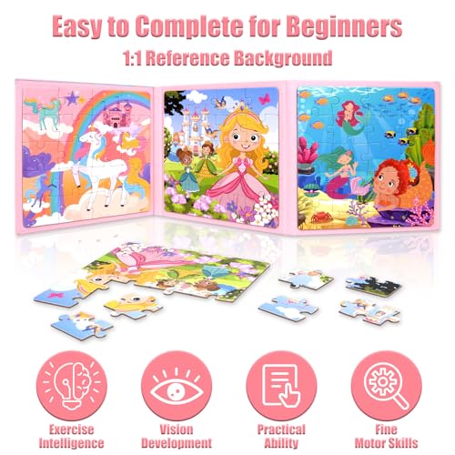 Magnetic Puzzles for Kids Ages 3-5, Princess Unicorn Mermaid | 3-in-1 Travel Puzzles for Kids Ages 4-6, Car Airplane Road Trip Activities Toys for 3 4 5 6 Year Old Girls