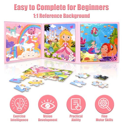 Magnetic Puzzles for Kids Ages 3-5, Princess Unicorn Mermaid | 3-in-1 Travel Puzzles for Kids Ages 4-6, Car Airplane Road Trip Activities Toys for 3 4 5 6 Year Old Girls