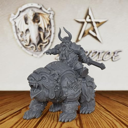 AUSPDICE Fantasy Tabletop Miniatures 28mm Scale for TTRPG - AS248 | Unpainted DND Minis Figurine for Dungeon Masters, Humanoid Miniature Game RPG Accessory - Dwarf Warrior & Warbear