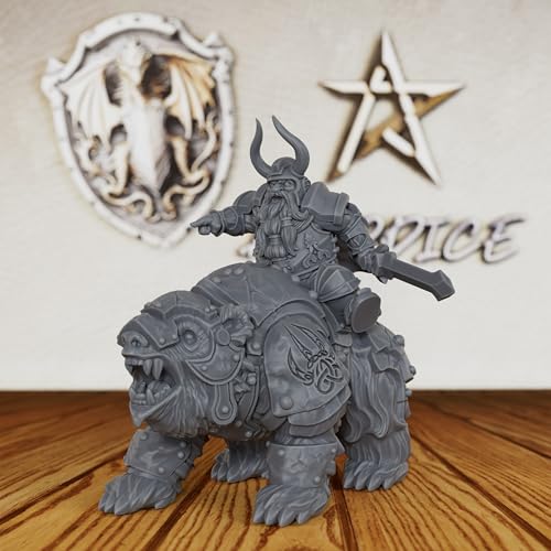AUSPDICE Fantasy Tabletop Miniatures 28mm Scale for TTRPG - AS248 | Unpainted DND Minis Figurine for Dungeon Masters, Humanoid Miniature Game RPG Accessory - Dwarf Warrior & Warbear