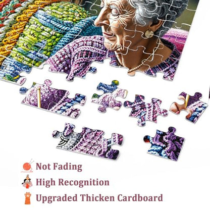 Grandma Knitting Puzzle for Adults 1000 Pieces, Cute Cat Jigsaw Puzzle, Cozy Colorful Art Puzzle