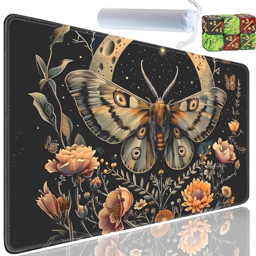 Playmat for MTG, 24x14 Inches Playmats, for TCG and CCG Trading Card Game Mat, Non-Slip Rubber for MTG Playmats with A Storage Bag and 6 Dice Set, Flowers and Moths Pattern Black - color: Yu-Playmat-1-C65