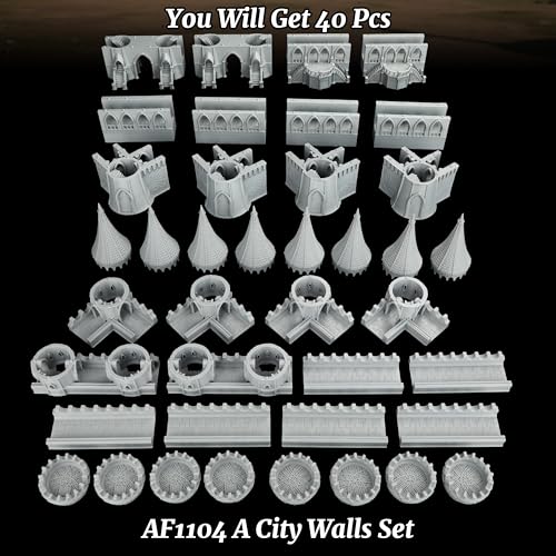AUSPDICE TTRPG Scenery Modular Fortress, 25mm Dungeon Walls, Defense Towers | Unpainted City Walls, Defense Towers, Gates and Stairs for Dungeon Masters, Wargames and Fantasy RPG Campaigns, AF1104 A - color: Af1104 a City Walls Set