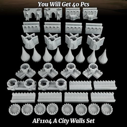 AUSPDICE TTRPG Scenery Modular Fortress, 25mm Dungeon Walls, Defense Towers | Unpainted City Walls, Defense Towers, Gates and Stairs for Dungeon Masters, Wargames and Fantasy RPG Campaigns, AF1104 A - color: Af1104 a City Walls Set