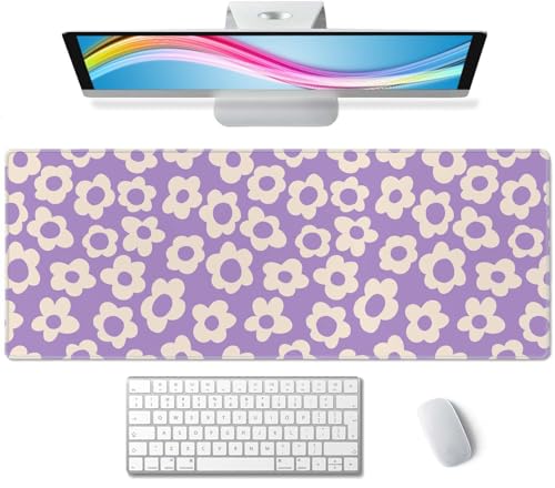 Vintage Groovy Purple Flowers Desk Mat, Extended Big Mouse Mat for Home and Office, Large Gaming Mousepad Laptop Keyboard Mat with Non-Slip Rubber Base, Stitched Edges (31.50"x11.8"x0.12") - color: Vintage Groovy Purple Flowers