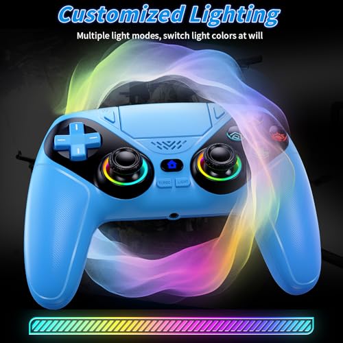 Dinosoo RGB Wireless Controller for PS5/PC - Bluetooth Gamepad with Turbo, Macro, Dual Vibration, 6-Axis Motion, 3.5mm Audio Jack, Built-in Speaker & 1000mAh Battery for PlayStation 5 - color: Blue