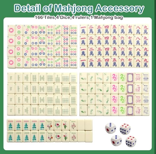 Mini Mahjong Set,American Mahjong Game Set,Complete Mahjong Tile Set with 166 White Tiles (0.8’’),4 Tile rulers,4 dice,1 Bag,5 Instruction Manuals,Perfect Mahjong Game Gift for Enthusiasts