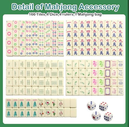 Mini Mahjong Set,American Mahjong Game Set,Complete Mahjong Tile Set with 166 White Tiles (0.8’’),4 Tile rulers,4 dice,1 Bag,5 Instruction Manuals,Perfect Mahjong Game Gift for Enthusiasts