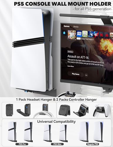 PS5/Slim/Pro Wall Mount with Headset & Controller Holder, Premium PS5 Metal Shelf Floating Mount, Universal 2 Packs Controller Stand and Headphone Stand, Game Accessries for All Playstation 5 Console