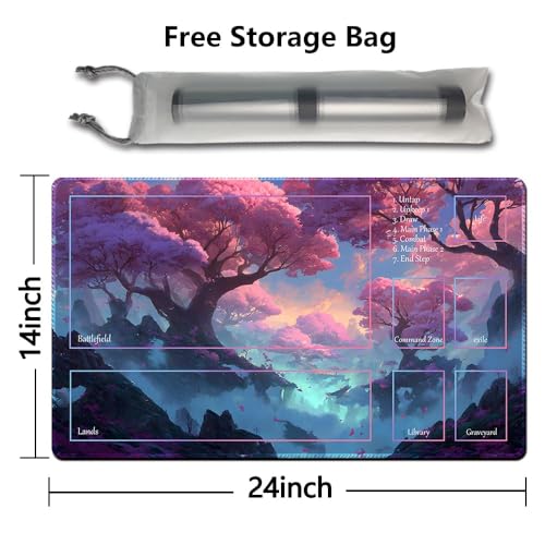 MTG Playmat 24x14 Inch | Optional Game Zone Layout | Non-Slip Rubber Base | Stitched Edges | Includes Free Storage Bag | for TCG, Board Games, and Desk Use(Blossombra,with Zone) - color: Blossombra, style: With zone