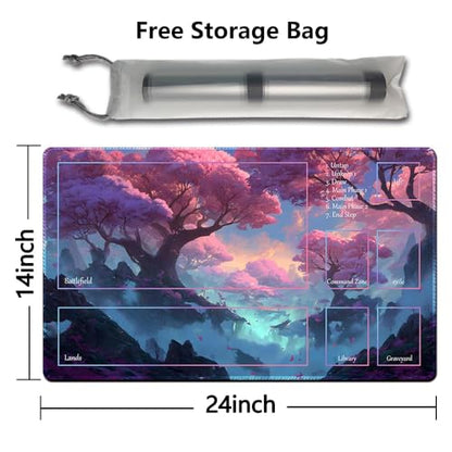 MTG Playmat 24x14 Inch | Optional Game Zone Layout | Non-Slip Rubber Base | Stitched Edges | Includes Free Storage Bag | for TCG, Board Games, and Desk Use(Blossombra,with Zone) - color: Blossombra, style: With zone